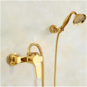 Conjunto de chuveiro de parede dourado contemporâneo de manípulo único torneiras misturadoras com chuveiro de mão